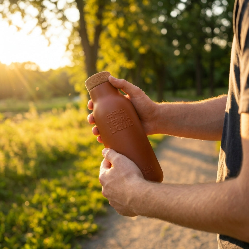 A terracotta-colored reusable water bottle with a cork lid, held by a person outdoors on a path during golden hour. The bottle features an embossed logo that reads 'TERRA VIDA'.