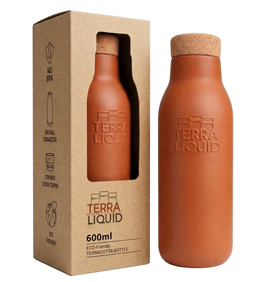 A terracotta-colored Terra Liquid 600ml bottle with a cork stopper next to its brown kraft paper packaging box, shown on a plain white background.