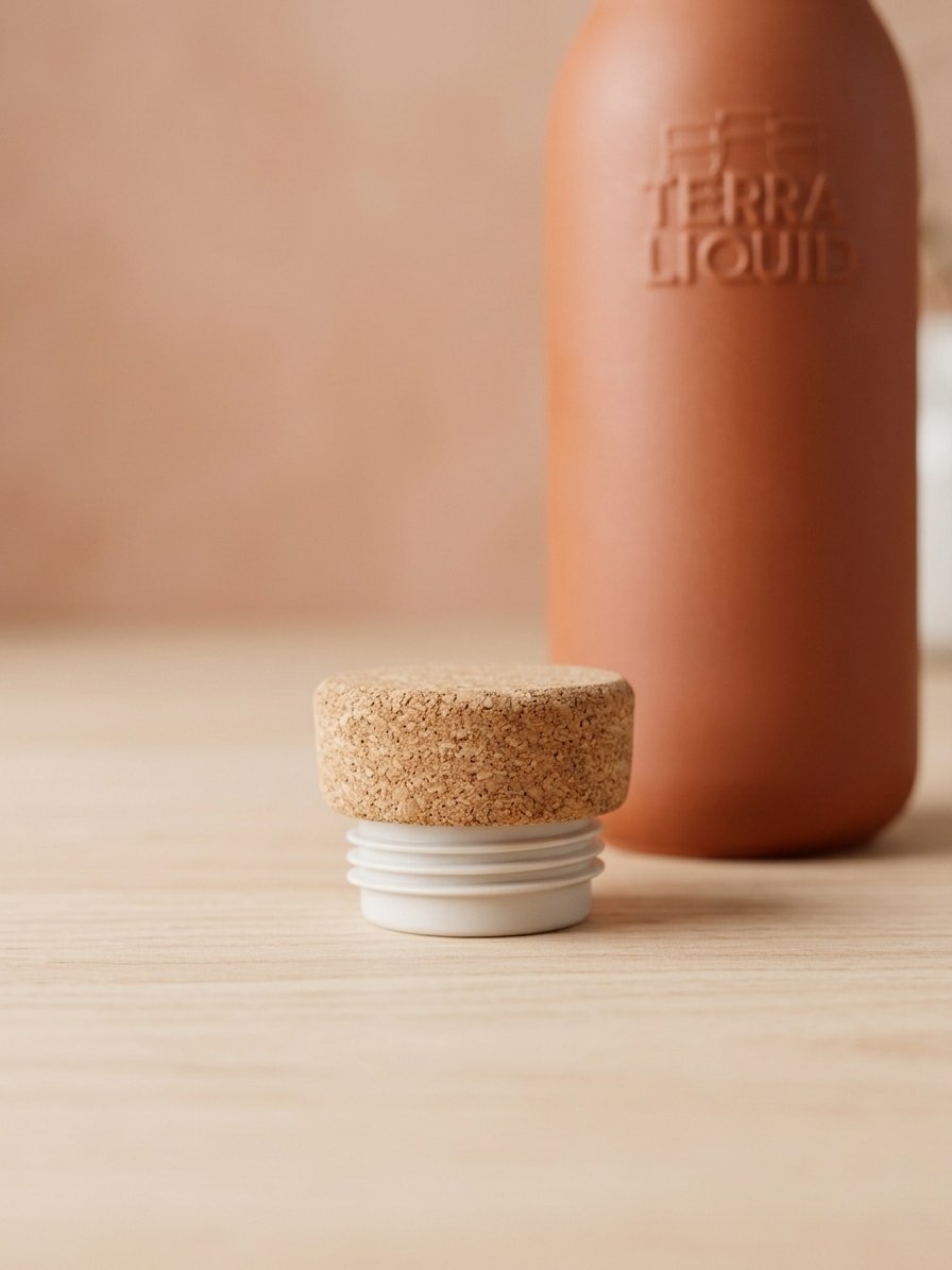 A cork bottle stopper with a white threaded base in the foreground, with a terracotta-colored bottle embossed with the brand TERRA LIQUID in the background on a light wood surface.